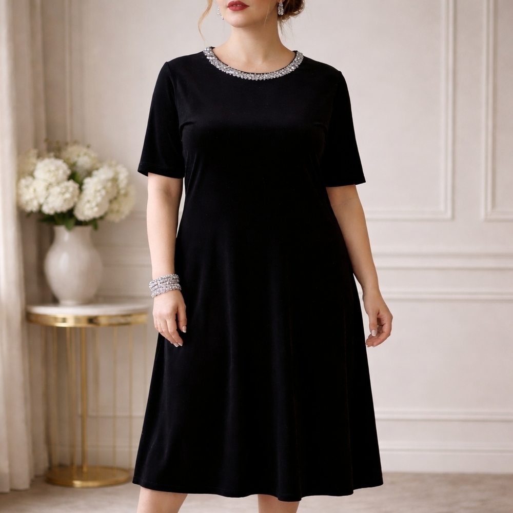 VINTAGE John Roberts Black Stretch Velvet Dress with Rhinestone Neckline